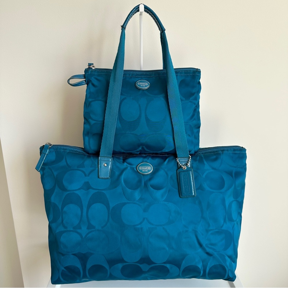 Coach Getaway Set Signature C Nylon Packable Weekender Tote Bag/Pouch Blue 77321